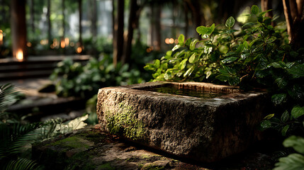 Fototapeta premium Stone water basin surrounded by lush green foliage in tranquil garden setting, with soft sunlight filtering through trees creating peaceful atmosphere. Perfect for relaxation and reflection