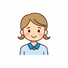 Friendly cartoon young girl with light brown hair and rosy cheeks smiling happily