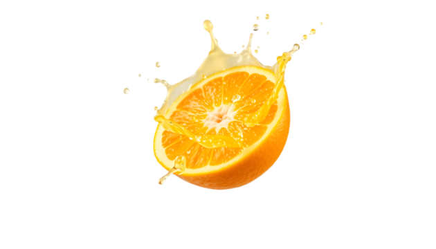 Orange juice splash in mid-air, vibrant and realistic PNG isolated on a white background. Fresh and juicy look.