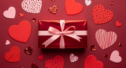 Romantic red gift box wrapped with ribbon surrounded by various red and pink hearts for valentine's day celebration