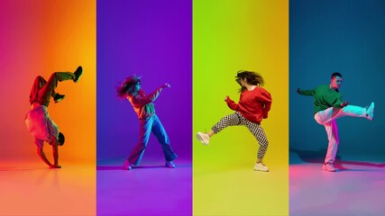 Creative video ad with young dancing men and women, break dance, hip hop dancer practicing isolated over multicolored background in neon. Youth culture, movement, music, fashion, action. - Powered by Adobe