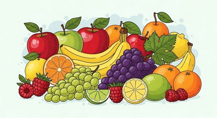 Vibrant fruit medley illustration featuring apples, bananas, grapes, oranges, lemons, limes, and raspberries