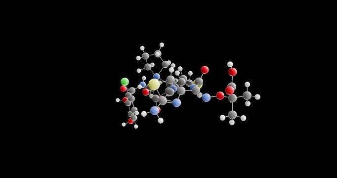 Cefiderocol molecule, rotating 3D model of antibiotic, looped video on a black background
