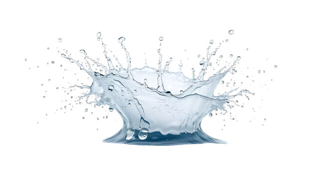 A high-resolution PNG of a realistic water splash explosion frozen in motion on a white background. Droplets flying outward with sharp clarity.