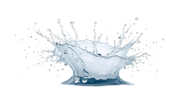A high-resolution PNG of a realistic water splash explosion frozen in motion on a white background. Droplets flying outward with sharp clarity.