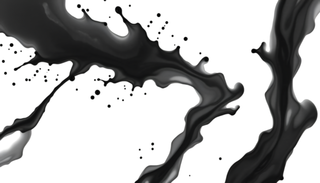 Black ink splash spreading outward, PNG with sharp edges and artistic patterns on white background.