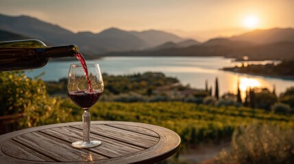 Red wine being poured into a glass on a patio overlooking a lake at sunset