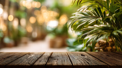 Rustic wooden table surface in lush green indoor garden with warm bokeh lighting in background, creating cozy and natural atmosphere. Perfect for outdoor dining or relaxing in nature