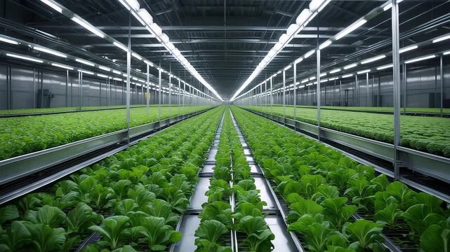 Modern indoor vertical farm with rows of fresh green lettuce growing under bright artificial lights in high tech hydroponic agricultural facility