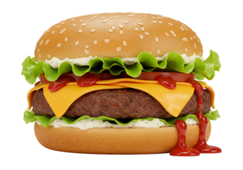 Juicy cheeseburger close up beef patty cheese lettuce tomato ketchup