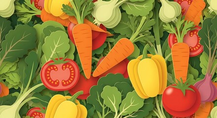 Vibrant Paper-Cut Vegetables: Carrots, Tomatoes, Peppers, and Greens in a Colorful Composition