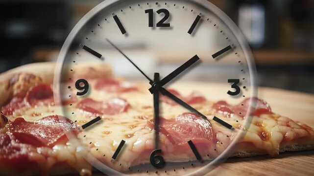 Delicious pepperoni pizza slices on wooden board with clock striking twelve for pizza promotion at noon