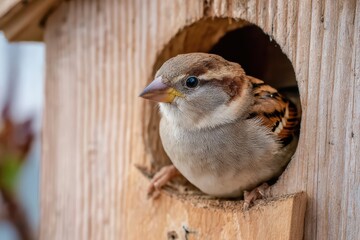 a small bird perched at the entrance of a bird house