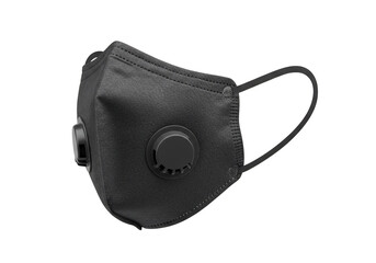 Black protective face mask with valve close up studio shot