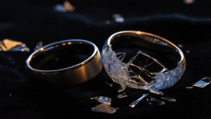 Broken wedding rings on black background with shattered glass pieces showcasing the theme of loss and heartbreak