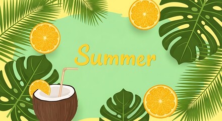 Vibrant Summer Illustration with Tropical Leaves, Oranges, and a Coconut Drink on Light Green Background
