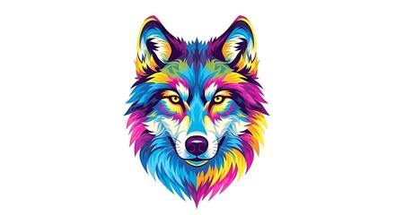 Vibrant Wolf Portrait: A Colorful Display of Wildlife Art on White Background