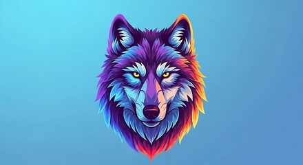Vibrant Wolf Portrait with Striking Yellow Eyes and Colorful Fur on Light Blue Background