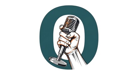 Vintage Microphone Held in Hand within a Circle Design