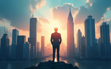 A dreamlike urban cityscape reflects innovation and vision, where a man’s imagination shapes a modern metropolis, attracting investors with its silhouette, blending of businessman and city scape.