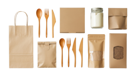 Natural-Themed Flatlay with Wooden Utensils and Recyclable Packaging Mockup on transparent background PNG