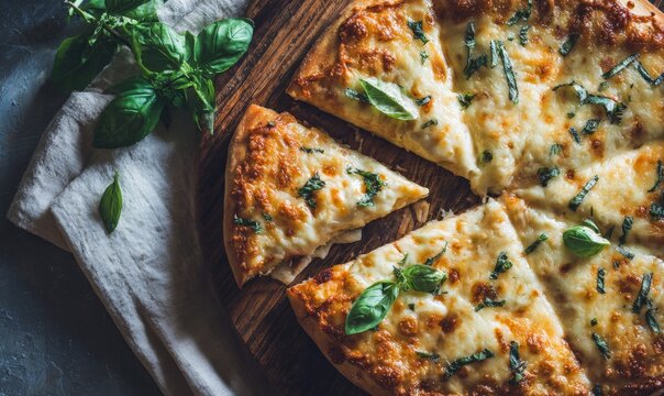 A delicious baked pizza with melted cheese and fresh basil on a rustic wooden table surrounded by garlic cloves and grated Parmesan.
