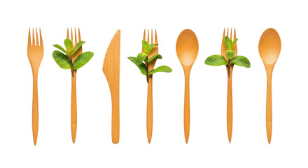 Rustic Wooden Spoon and Fork Flatlay with Green Mint Decoration on transparent background PNG