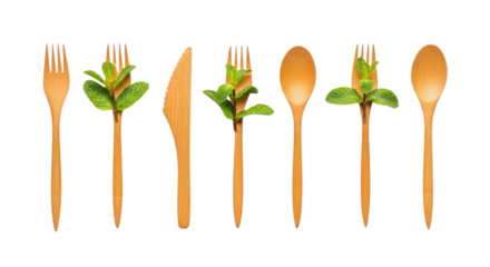 Rustic Wooden Spoon and Fork Flatlay with Green Mint Decoration on transparent background PNG