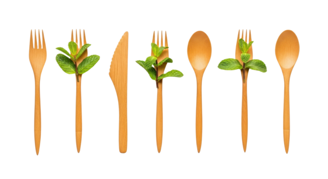 Rustic Wooden Spoon and Fork Flatlay with Green Mint Decoration on transparent background PNG