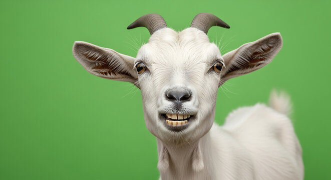 A white goat with a goofy expression.