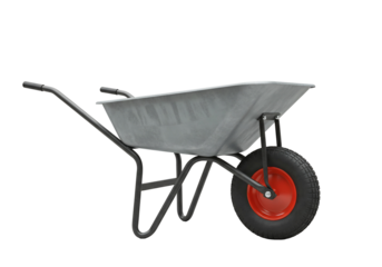 Metallic wheelbarrow black frame red wheel isolated on transparent background