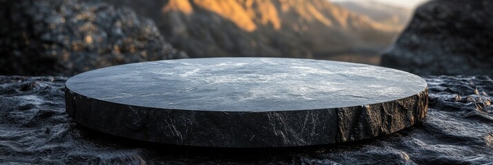 Fototapeta premium Black stone table set on shiny volcanic sand with a smooth, reflective surface, for modern displays