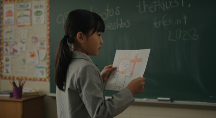 Young asian girl proudly presents drawing of Jesus and crucifix at church school. Christian education concept.