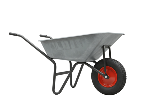 Metallic wheelbarrow black frame red wheel isolated on transparent background