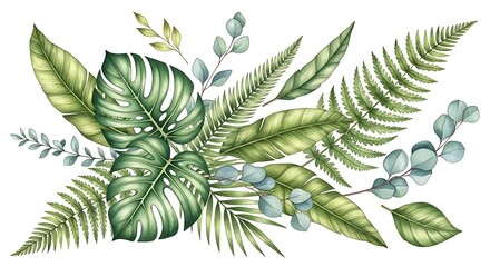 Watercolor Botanical Arrangement of Lush Green Leaves and Foliage on White Background