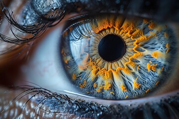 Vibrant macro closeup of human eye revealing intricate iris texture with striking orange and blue color detail. Abstract vision concept for science and creativity.