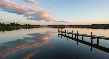 Obraz premium Serene Lakeside Vista: A captivating natural landscape showcasing the tranquil beauty of a lake at dusk, mirroring the stunning sky. A wooden pier extends into the calm water.