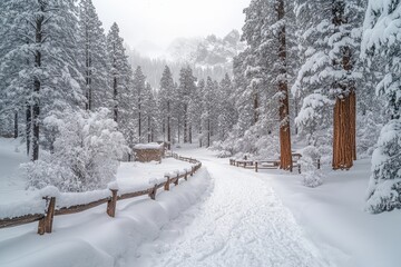 Naklejka premium A serene winter landscape in Sequoia park, snow-covered giant trees and a peaceful nature