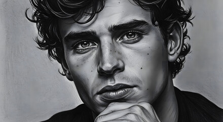Man's Portrait: A grayscale portrait that focuses on a man's visage, capturing his pensive gaze and subtle features that showcase the power of thoughtful reflection. 