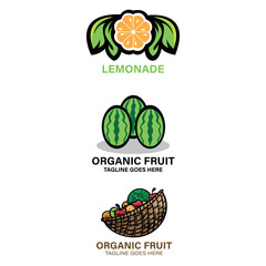 Creative fruit logos Lemonade, organic watermelon, and fresh fruit basket, vector illustration