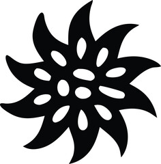 Intricate black geometric sun symbol with white oval accents and sharp petals for branding and decoration
