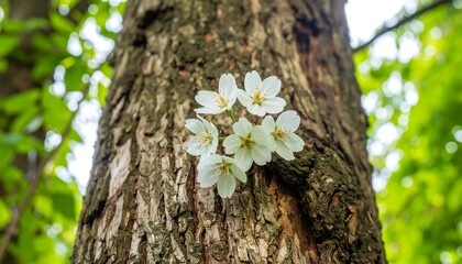 Blossoms clinging to a tree trunk