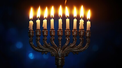 Fototapeta premium A beautifully lit menorah with multiple candles glowing, symbolizing tradition and celebration during Hanukkah.