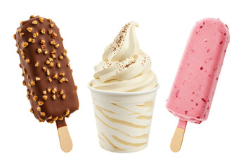 Variety of ice cream products chocolate bar vanilla soft serve pink ice cream bar