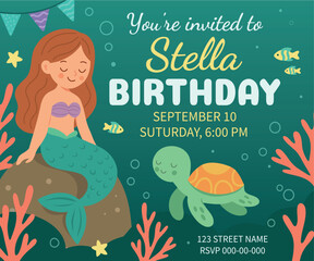 Cute underwater themed birthday invitation for kids. Mermaid on a rock, turtle, fish, plants and bubbles. Vector card in green and blue colors for a holiday, party