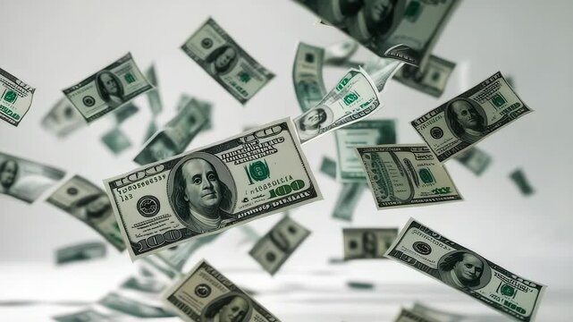 Multiple US dollar banknotes floating in air with white background showing financial wealth currency concept and money investment theme