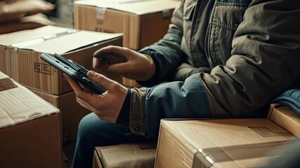 A worker sits among stacked boxes, using a handheld device to manage inventory in a busy warehouse setting during the day