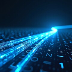 Digital transformation and high-speed data connectivity with glowing fiber optic cables on abstract binary code background