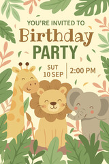 A cute vertical birthday invitation featuring a giraffe, lion and elephant in a jungle setting. The design in a soft warm jungle theme will create a festive atmosphere for a children's party, birthda