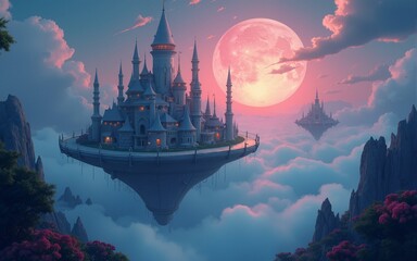 Obraz premium Surreal floating city in a dreamlike atmosphere. Phantasmagoric Dream City. Illustration. High quality